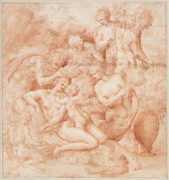 B 025
<br/>
Flora of Venus gekust door Amor, met twee saters en vier nimfen
<br/>
<em>Fontana, Prospero (1512-1597)</em>
